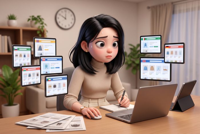 Surrounded by marketplace screens, retyping the same product details over and over