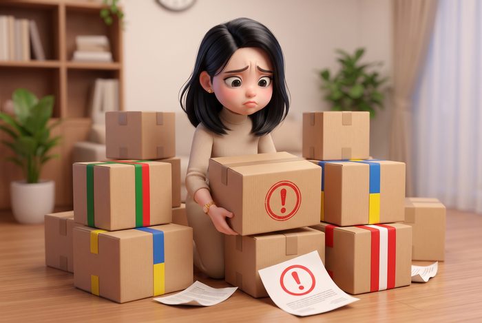 Surrounded by boxes stamped with rejection warnings