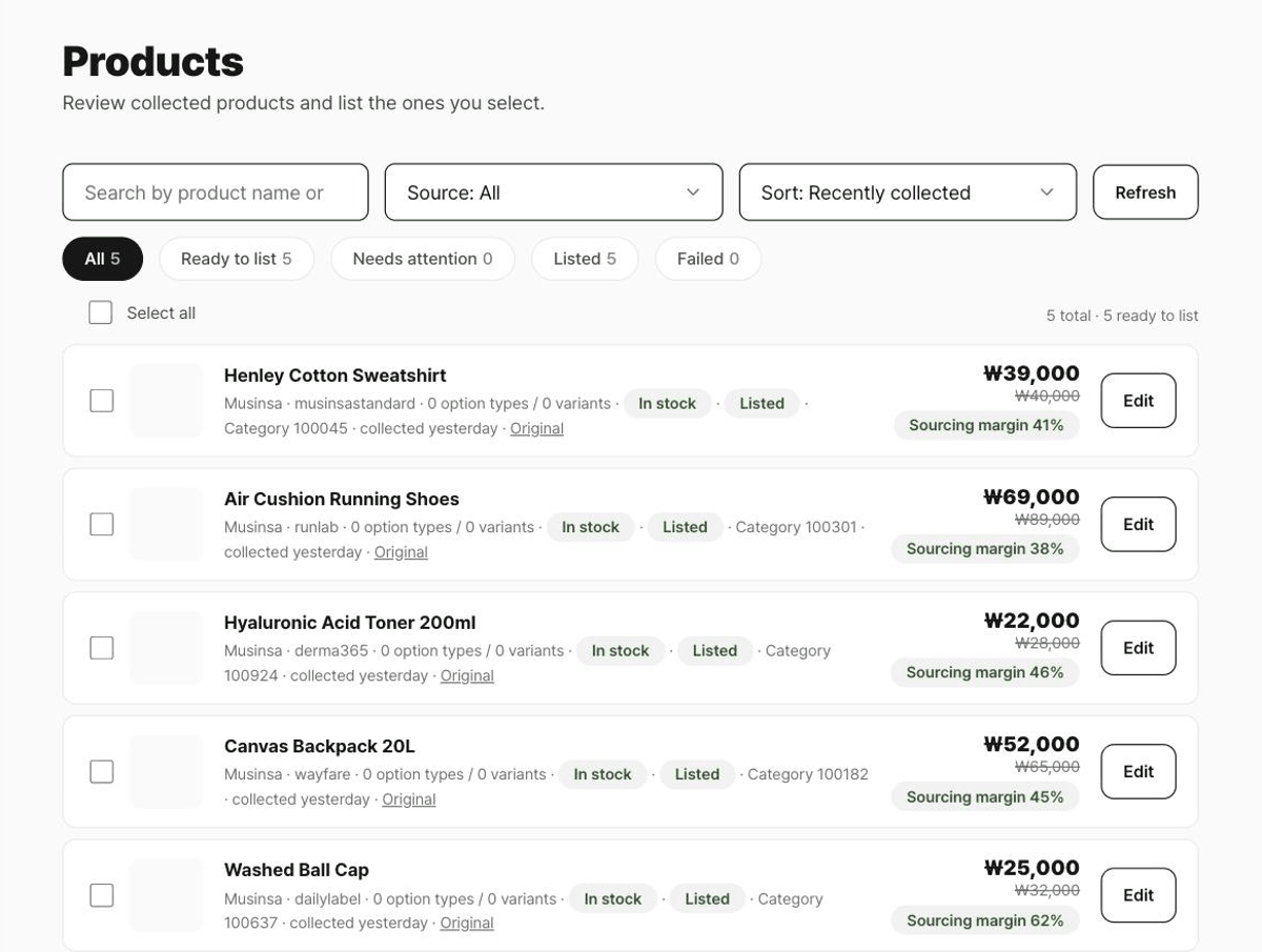 Product list showing listed / needs-attention status and source margin for each item